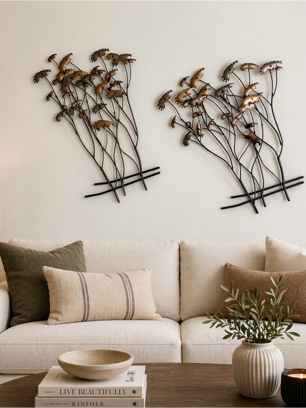 Curtis Jere Style Metal Wall Art Set Bronze Floral Mid Century Modern Pair